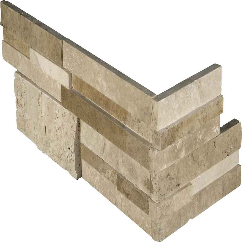 Casa blend 3d multi finish ledger corner 6x18 natural travertine wall tile LPNLTCASBLE618COR MULTI product shot corner view