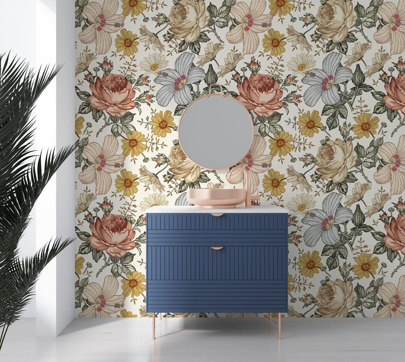 Chamomile Rose Hibiscus Flower Vintage Wallpaper