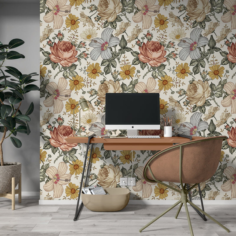 Chamomile Rose Hibiscus Flower Vintage Wallpaper