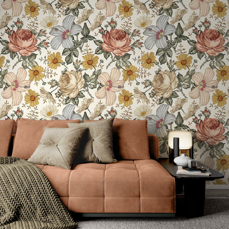 Chamomile Rose Hibiscus Flower Vintage Wallpaper