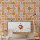 Retro Flower Checkered Wallpaper - Playful 60s Design in Warm Tones