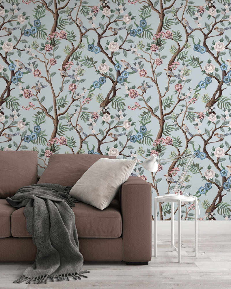 Blue Chinoiserie Birds Wallpaper