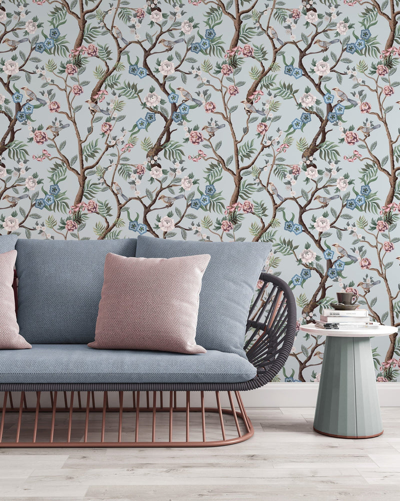 Blue Chinoiserie Birds Wallpaper