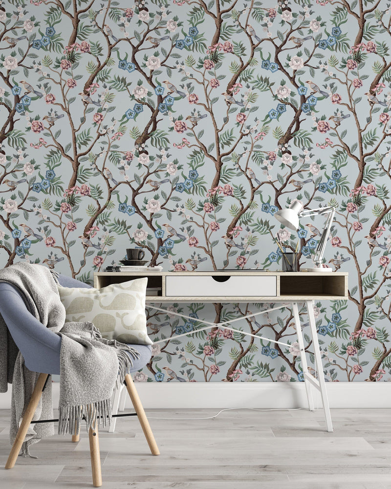 Blue Chinoiserie Birds Wallpaper