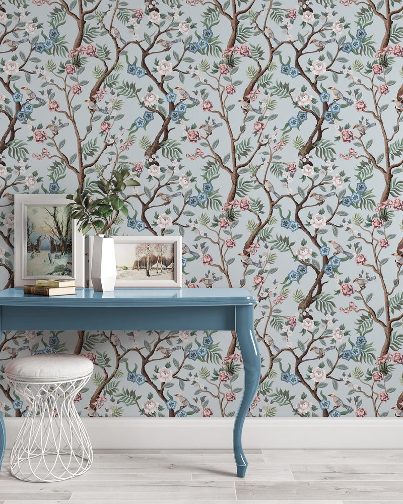 Blue Chinoiserie Birds Wallpaper