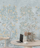 Blue Chinoiserie Wallpaper with Hand Painted Birds & Blossoms - Wall Mural