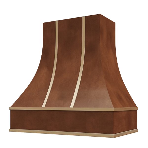 Chocolate Range Hood With Curved Front, Brass Strapping and Block Trim - 30", 36", 42", 48", 54" and 60" Widths Available