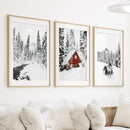 Christmas Deer Wall Art Set of 3. Red Barn, Frozen River by Wall Art Set