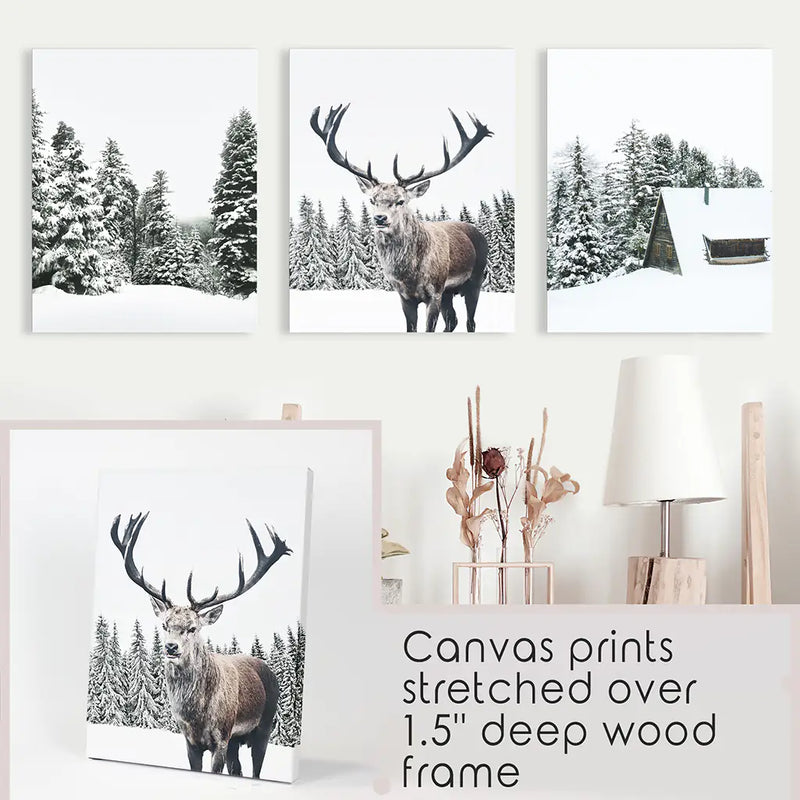 3 Piece Christmas Wall Art. Forest, Log Cabin, Reindeer