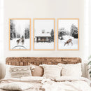 Christmas Mood Set of 3 Prints. Fawn, Log Cabin, Sledding by Wall Art Set