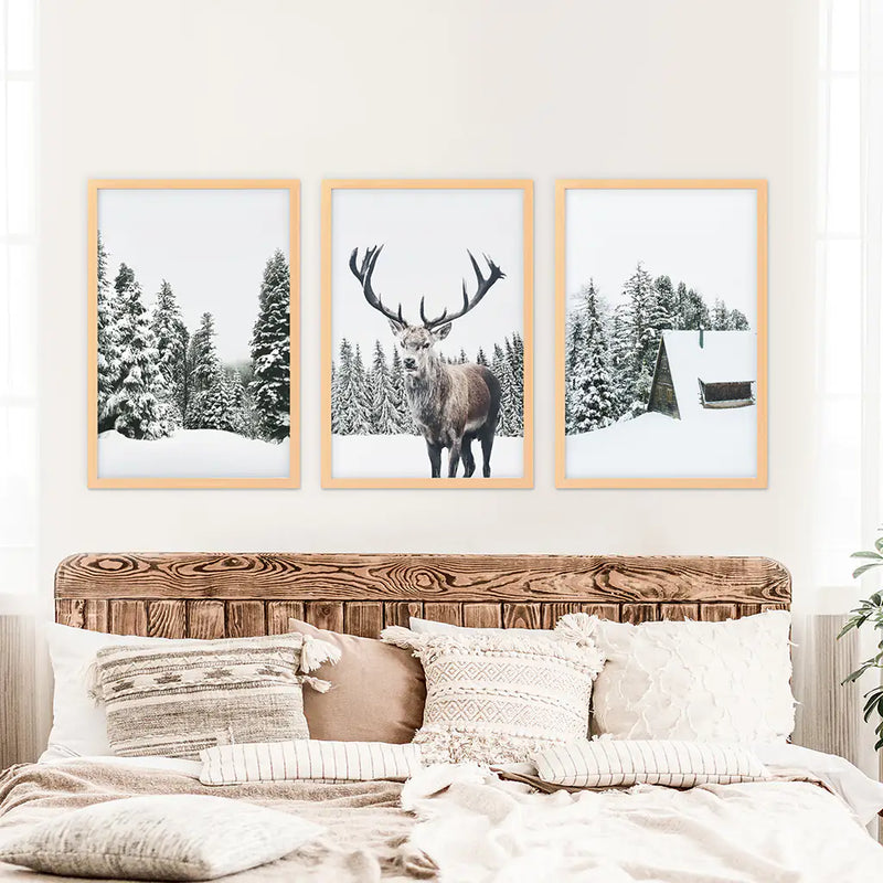 3 Piece Christmas Wall Art. Forest, Log Cabin, Reindeer