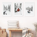 Christmas Deer Wall Art Set of 3. Red Barn, Frozen River by Wall Art Set