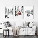 Christmas Deer Wall Art Set of 3. Red Barn, Frozen River by Wall Art Set