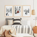 Christmas Deer Wall Art Set of 3. Red Barn, Frozen River by Wall Art Set