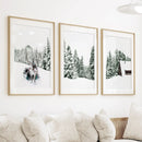 Winter Snowy Nature Triptych. Reindeer, Log Cabin, Pine Tree by Wall Art Set