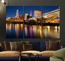 Cleveland Night Skyline Wall Art, City Cityscape Canvas