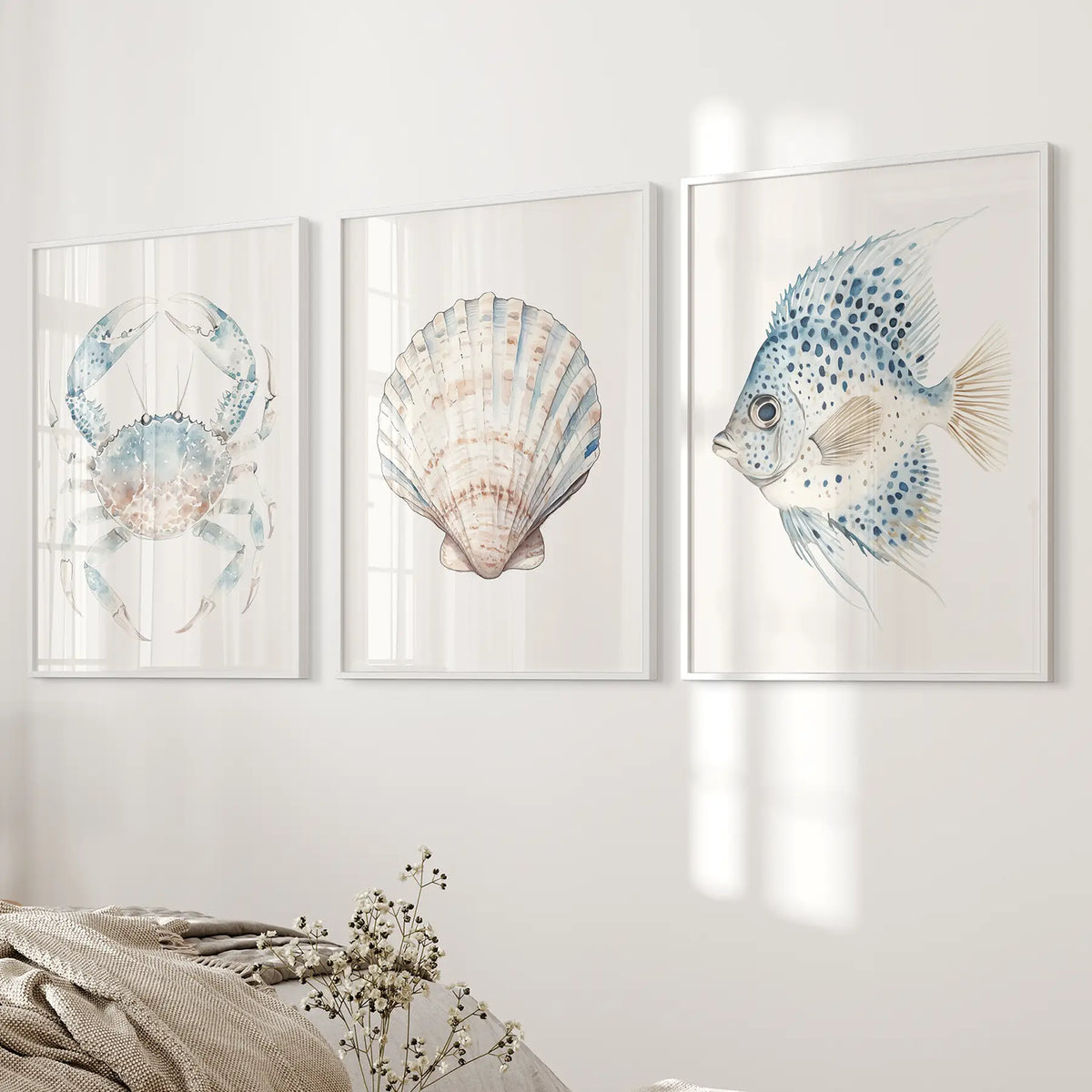 Watercolor Light Blue Nautical 3 Piece Art. Crab, Shell, Fish, photo 3 of 10