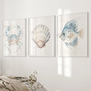 Watercolor Light Blue Nautical 3 Piece Art. Crab, Shell, Fish by Wall Art Set