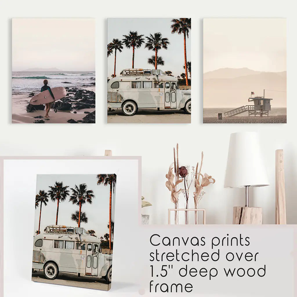 Beige Surfing Wall Art Set. Surfer, Ocean, Bus, Lifeguard, photo 9 of 13