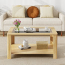 2-Tier Coffee Table Rectangular Center Table with Tempered Glass Tabletop and Storage Shelf-Natural by LJGDeals