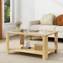 2-Tier Coffee Table Rectangular Center Table with Tempered Glass Tabletop and Storage Shelf-Natural by LJGDeals