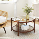 31 Inch 2-Tier Round Coffee Table with Tempered Glass Top for Living Room-Cherry