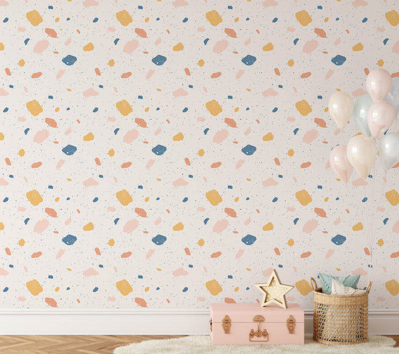 Multicolor Terrazzo Pattern Wallpaper - Pink, Blue, Yellow, and Peach