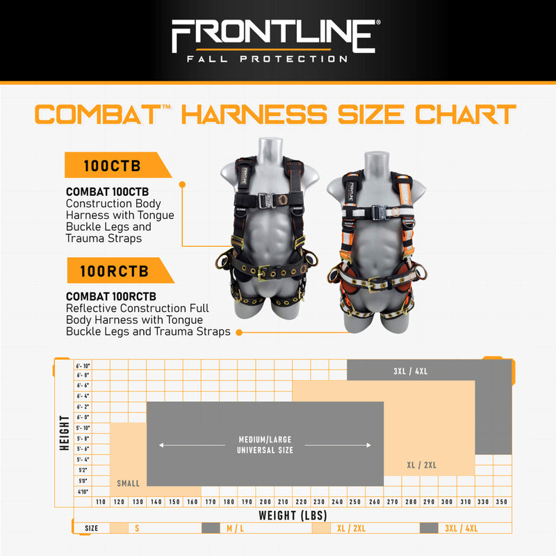 Frontline 100RCTB Combat Reflective Construction Full Body Harness with Tongue Buckle Legs and Trauma Straps M/L