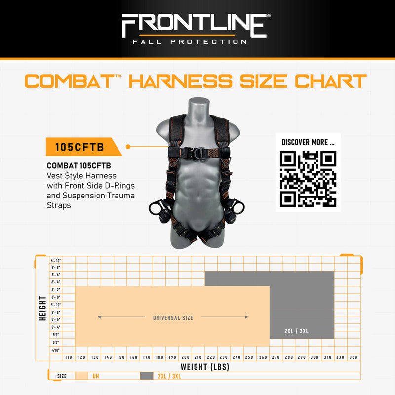 Frontline 105CFTB Combat Vest Style Harness with Front Side D-Rings and Suspension Trauma Straps Universal