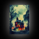 Spooky Watercolor of a Haunted House, Halloween Art, Framed Canvas Print, Ready To Hang Framed Wall Art, Living Room Wall Decor