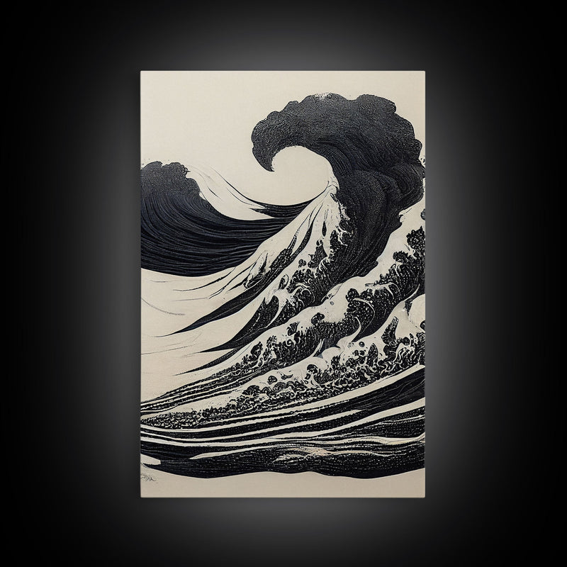 Black and White Tsunami Waves, Japanese Style Art, Framed Canvas Print, Ready To Hang Framed Wall Art, Living Room Wall Decor