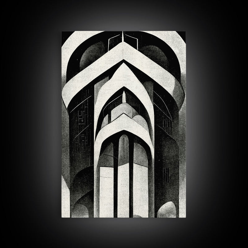 Black And White Art Print, Art Deco Architecture, Framed Canvas Print, Ready To Hang Framed Wall Art, Living Room Wall Hanging