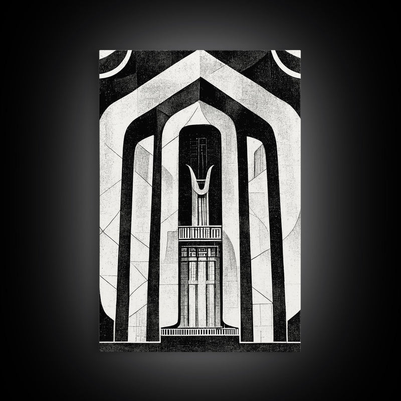 Art Deco Black And White Art Print, Art Deco Architecture, Framed Canvas Print, Ready To Hang Framed Wall Art, Living Room Wall Hanging