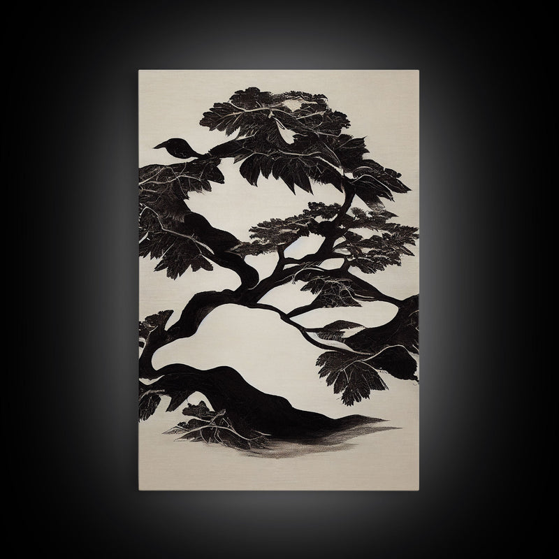 Black and White Bonsai Tree, Framed Canvas Print, Ready To Hang Framed Wall Art, Living Room Wall Hanging