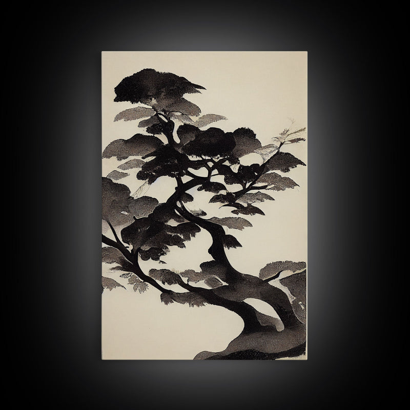 Black and White Japanese Maple Tree, Framed Canvas Print, Ready To Hang Framed Wall Art, Living Room Wall Hanging