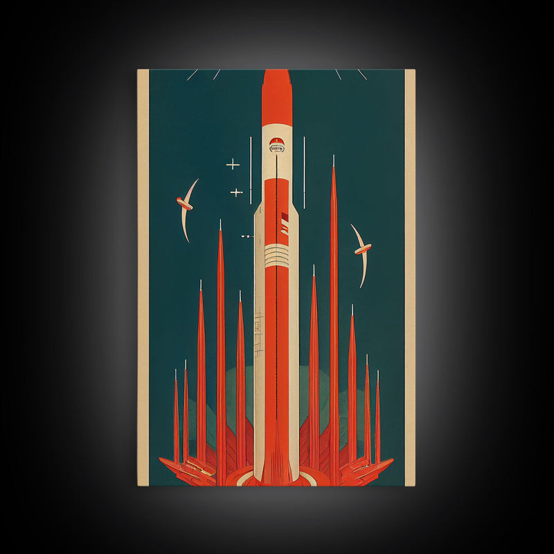 Art Deco Space Travel Poster Art, Framed Canvas Print, Ready To Hang Framed Wall Art, Living Room Wall Hanging