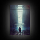 Cyberpunk Android In An Abandoned City, Dystopian Post Apocalyptic Art, Framed Canvas Print, Ready To Hang Framed Wall Art, Living Room