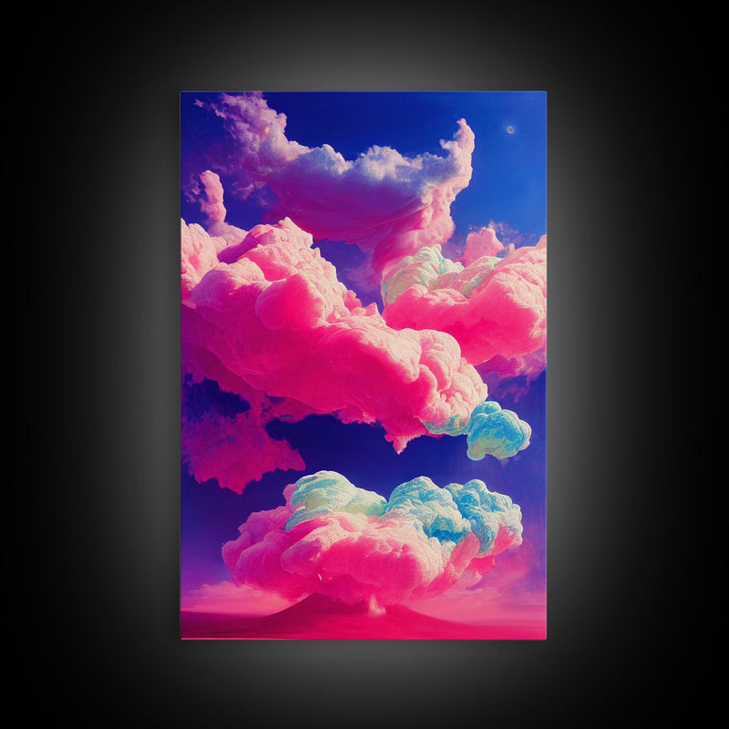 Bubble Gum Clouds, Trippy Psychedelic Surrealist Cloud Art, Framed Canvas Print, Ready To Hang Framed Wall Art