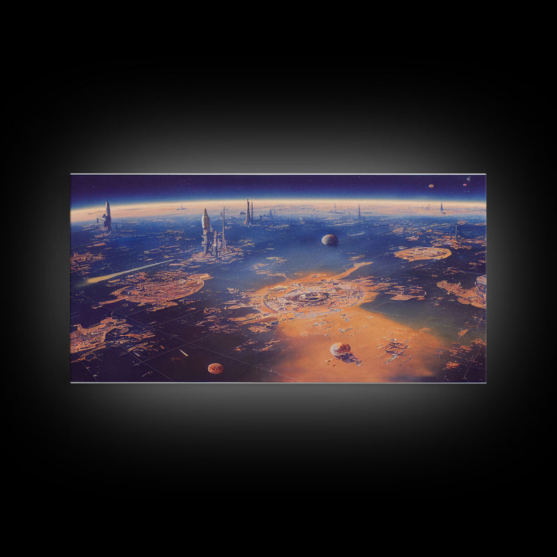 Bird's eye view of a futuristic city-planet, cool scifi art, framed canvas print, ready to hang framed wall art