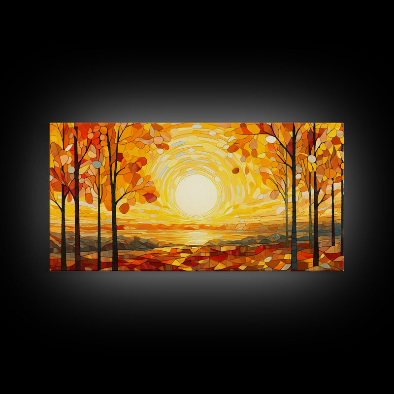 Beautiful Fall Decor Centerpiece Framed Canvas Print, Autumn Decor, Fall Wall Art, Above Mantle Wall Art, Stained Glass Style