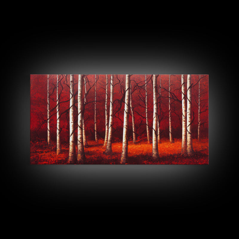 Birch Trees, Haunted birch forest, blood red forest, framed canvas print, ready to hang framed wall art