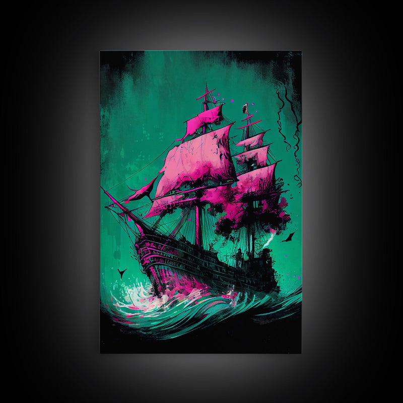 Watercolor of a haunted ghost pirate ship, framed canvas print wall art