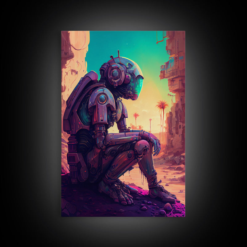 Android deep in thought, AI, fine art poster print