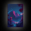 Vaporwave mountain landscape, pink and purple mountain art, framed canvas print