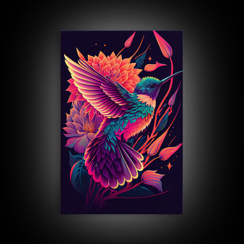 Beautiful Retro-Wave Humming Bird, framed canvas print, Colorful farmhouse wall art