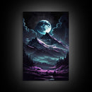 Mythical mountains fantasy art, framed canvas print, full moon over a mystical mountain landscape