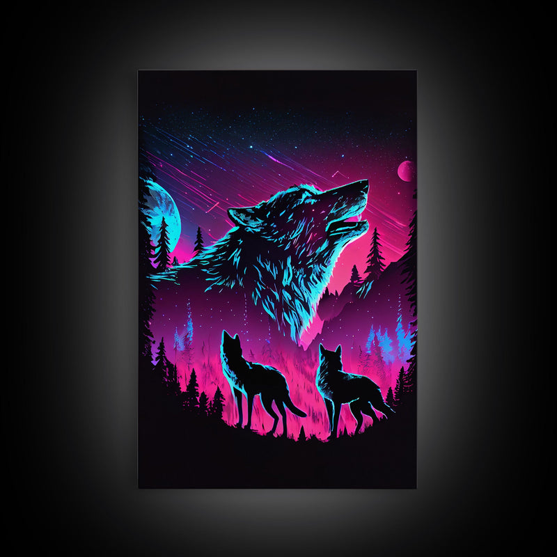 Wolves Howling at the moon, 3 wolf moon, framed canvas print, vaporwave art, Animal art, predator art