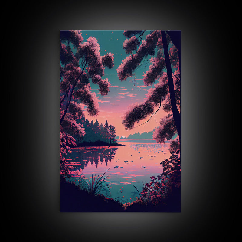 Beautiful Sunset over the lake, My Secret Spot, framed canvas print, Pinkwave retro style landscape art