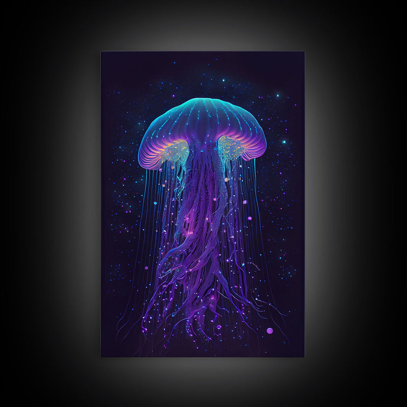 Bioluminescent Jellyfish against a Starry night sky, Cosmic Jelly Fish, Framed Canvas Print, synthwave style art