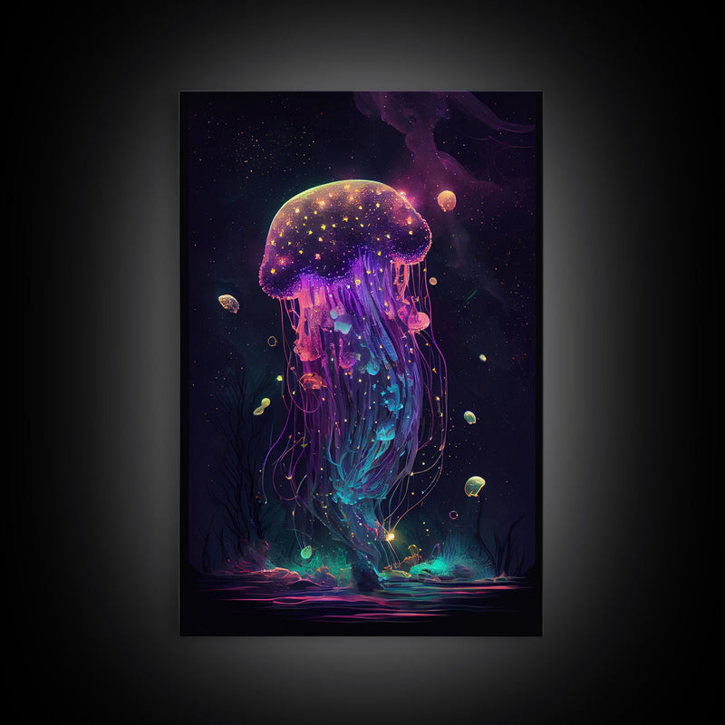 Bioluminescent Cosmic Jellyfish against a Starry night sky, JellyFish Art, Framed Canvas Print, synthwave style art